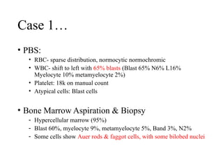 Case 1…
• PBS:
• RBC- sparse distribution, normocytic normochromic
• WBC- shift to left with 65% blasts (Blast 65% N6% L16%
Myelocyte 10% metamyelocyte 2%)
• Platelet: 18k on manual count
• Atypical cells: Blast cells
• Bone Marrow Aspiration & Biopsy
- Hypercellular marrow (95%)
- Blast 60%, myelocyte 9%, metamyelocyte 5%, Band 3%, N2%
- Some cells show Auer rods & faggot cells, with some bilobed nuclei
 