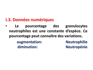 I.3. Données numériques
• Le pourcentage des granulocytes
neutrophiles est une constante d’espèce. Ce
pourcentage peut connaître des variations.
augmentation: Neutrophilie
diminution: Neutropénie
 
