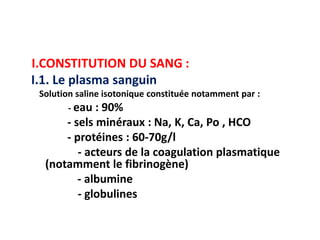I.CONSTITUTION DU SANG :
I.1. Le plasma sanguin
Solution saline isotonique constituée notamment par :
- eau : 90%
- sels minéraux : Na, K, Ca, Po , HCO
- protéines : 60-70g/l
- acteurs de la coagulation plasmatique
(notamment le fibrinogène)
- albumine
- globulines
 