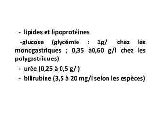 - lipides et lipoprotéines
-glucose (glycémie : 1g/l chez les
monogastriques ; 0,35 à0,60 g/l chez les
polygastriques)
- urée (0,25 à 0,5 g/l)
- bilirubine (3,5 à 20 mg/l selon les espèces)
 