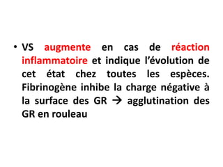 • VS augmente en cas de réaction
inflammatoire et indique l’évolution de
cet état chez toutes les espèces.
Fibrinogène inhibe la charge négative à
la surface des GR  agglutination des
GR en rouleau
 