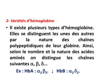2- Variétés d’hémoglobine
• Il existe plusieurs types d’hémoglobine.
Elles se distinguent les unes des autres
par la nature des chaînes
polypeptidiques de leur globine. Ainsi,
selon le nombre et la nature des acides
aminés on distingue les chaînes
suivantes , , ...
Ex : HbA : 2 2. ; HbB : 2 2.
 