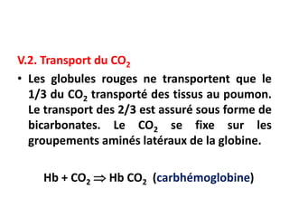 V.2. Transport du CO2
• Les globules rouges ne transportent que le
1/3 du CO2 transporté des tissus au poumon.
Le transport des 2/3 est assuré sous forme de
bicarbonates. Le CO2 se fixe sur les
groupements aminés latéraux de la globine.
Hb + CO2  Hb CO2 (carbhémoglobine)
 