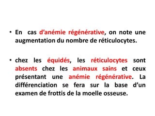 • En cas d’anémie régénérative, on note une
augmentation du nombre de réticulocytes.
• chez les équidés, les réticulocytes sont
absents chez les animaux sains et ceux
présentant une anémie régénérative. La
différenciation se fera sur la base d’un
examen de frottis de la moelle osseuse.
 