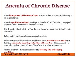 Step to PG-MD/MS/DNB - Dr.Akif A.B
There is impaired utilization of iron, without either an absolute deficiency or
an excess of iron.
There is cytokine-mediated blockage in transfer of iron from the storage pool
to the erythroid precursors in the bone marrow.
The defect is either inability to free the iron from macrophages or to load it onto
transferrin.
Inflammatory cytokines also depress erythropoiesis
Inflammatory conditions release cytokines such as interleukins 1 and 6 (IL1,
IL6) that stimulate hepatic production of hepcidin, which reduces iron
absorption and decreases release of iron from stores in macrophages.
Anemia of chronic disease is addressed by treating the underlying
condition.
 