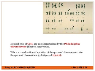Myeloid cells of CML are also characterized by the Philadelphia
chromosome (Ph1) on karyotyping.
This is a translocation o...