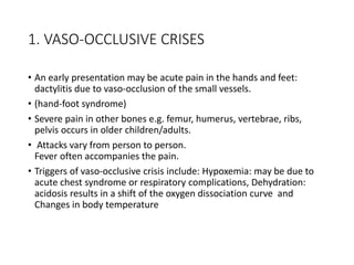 1. VASO-OCCLUSIVE CRISES
• An early presentation may be acute pain in the hands and feet:
dactylitis due to vaso-occlusion of the small vessels.
• (hand-foot syndrome)
• Severe pain in other bones e.g. femur, humerus, vertebrae, ribs,
pelvis occurs in older children/adults.
• Attacks vary from person to person.
Fever often accompanies the pain.
• Triggers of vaso-occlusive crisis include: Hypoxemia: may be due to
acute chest syndrome or respiratory complications, Dehydration:
acidosis results in a shift of the oxygen dissociation curve and
Changes in body temperature
 
