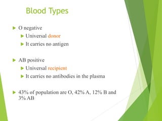 Blood Types
 O negative
 Universal donor
 It carries no antigen
 AB positive
 Universal recipient
 It carries no antibodies in the plasma
 43% of population are O, 42% A, 12% B and
3% AB
 