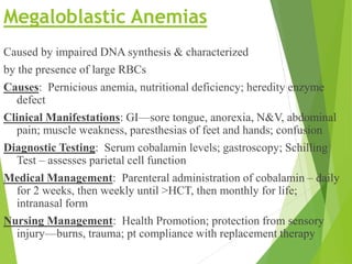 Megaloblastic Anemias
Caused by impaired DNA synthesis & characterized
by the presence of large RBCs
Causes: Pernicious anemia, nutritional deficiency; heredity enzyme
defect
Clinical Manifestations: GI—sore tongue, anorexia, N&V, abdominal
pain; muscle weakness, paresthesias of feet and hands; confusion
Diagnostic Testing: Serum cobalamin levels; gastroscopy; Schilling
Test – assesses parietal cell function
Medical Management: Parenteral administration of cobalamin – daily
for 2 weeks, then weekly until >HCT, then monthly for life;
intranasal form
Nursing Management: Health Promotion; protection from sensory
injury—burns, trauma; pt compliance with replacement therapy
 