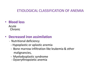 ETIOLOGICAL CLASSIFICATION OF ANEMIA

• Blood loss
  Acute
   Chronic

• Decreased iron assimilation
  - Nutritional deficiency
   - Hypoplastic or aplastic anemia
   - Bone marrow infiltration like leukemia & other
      malignancies,
   - Myelodysplastic syndrome
    - Dyserythropoietic anemia
 