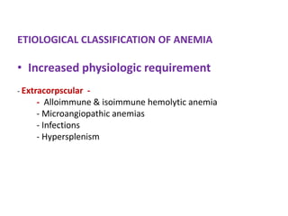 ETIOLOGICAL CLASSIFICATION OF ANEMIA

• Increased physiologic requirement
- Extracorpscular -
     - Alloimmune & isoimmune hemolytic anemia
     - Microangiopathic anemias
     - Infections
     - Hypersplenism
 