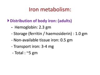Iron metabolism:
Distribution of body iron: (adults)
 - Hemoglobin: 2.3 gm
 - Storage (ferritin / haemosiderin) : 1.0 gm
 - Non-available tissue iron: 0.5 gm
 - Transport iron: 3-4 mg
  - Total : ~5 gm
 