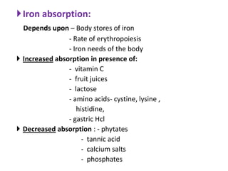 Iron absorption:
  Depends upon – Body stores of iron
                - Rate of erythropoiesis
                - Iron needs of the body
 Increased absorption in presence of:
                - vitamin C
                - fruit juices
                - lactose
                - amino acids- cystine, lysine ,
                   histidine,
                - gastric Hcl
 Decreased absorption : - phytates
                     - tannic acid
                     - calcium salts
                     - phosphates
 