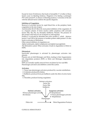 CLINICAL HEMATOLOGY 185
Except for factor XI deficiency that leads to hemophilic 'C' of either of these
factors cause no bleeding tendency. Diagnosis is by finding a prolonged
PTT with normal PT, in absence of bleeding tendency. Correction of the test
with the deficient factor confirms the specific diagnosis.
Inhibitors of Coagulation
Removal of activated factors by rapid blood flow at the periphery limits
coagulation to the site of injury.
Anti-thrombin III (AT-III) is the most potent inhibitors of the coagulation. It
is a heparin cofactor. It forms inactive stable complexes with activated
factors XIIa, XIa, IXa, Xa, thrombin, Kallikerin, Plasmin. The presence of
this protein is the basis for use of heparin as anticoagulant.
Protein C is activated by thrombin into active protein C, which destroys
factors V and VIII in the presence of another protein called protein S. It also
leads to activation of fibrinolysis.
Other natural inhibitors of coagulation are:
Alpha1-antitrypsin, alpha1-antiplasmin and alpha2-macroglobulin
The fibrinolytic system: When activated, it leads to degradation of fibrin to
FDPS.
Fibrinolysis
Inactivated plasminogen is activated by plasminogen activators into
plasmin.
Plasmin acts on both fibrinogen and fibrin, leading to their fragmentation
into degradation products (FDPs or fibrin and fibrinogen degradation
products).
FDPs are normally rapidly removed from circulation by liver and RES.
Plasminogen activators and inhibitors control the system.
Activators
1. Tissue type plasminogen activators produced by vascular endothelium.
2. Urokinase, produced by kidney.
3. Kallikerin, produced from pre-kallikerin under the effect of active factor
XIIa.
4. Thrombin, produced during coagulation.
Intrinsic activators
Factor XIa
Factor XIIa
Kallikerin
Extrinsic activators Exogenous activators
Tissue plasminogen activator  Streptokinase
Urokinase  Tissue plasminogen activator
 Streptokinase
Plasminogen
Fibrin clot Fibrin Degradation Products
 