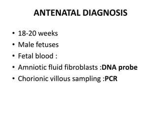 ANTENATAL DIAGNOSIS

•   18-20 weeks
•   Male fetuses
•   Fetal blood :
•   Amniotic fluid fibroblasts :DNA probe
•   Chorionic villous sampling :PCR
 