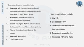 info@medicoseacademics.com
0310-7990649
Dr. Sidra Arshad, Asst. Prof. Physiology 16
• Chronic iron deficiency is associated with:
1. Esophageal web (Plummer-Vinson syndrome):
esophageal web produces dysphagia (difficulty in
swallowing) for solids but not liquids
2. Achlorhydria - refers to the absence of
hydrochloric acid in the stomach
3. Glossitis and angular cheilosis - inflammation of
the tongue and corner of the mouth, respectively
4. Pallor of the conjunctivae and palmar skin
creases
5. Spoon nails (koilonychia)
6. Craving (pica) for ice
Laboratory findings include:
1. Low Hb
2. Decreased MCV
3. Decreased serum iron and
iron saturation
4. Decreased serum ferritin
5. Increased TIBC and RDW
 