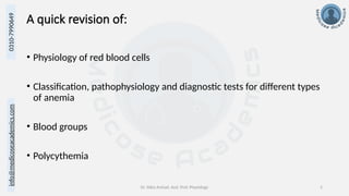 info@medicoseacademics.com
0310-7990649
Dr. Sidra Arshad, Asst. Prof. Physiology 2
A quick revision of:
• Physiology of red blood cells
• Classification, pathophysiology and diagnostic tests for different types
of anemia
• Blood groups
• Polycythemia
 