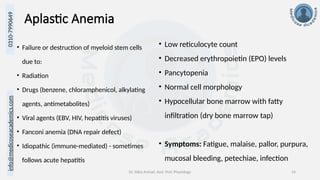 info@medicoseacademics.com
0310-7990649
Dr. Sidra Arshad, Asst. Prof. Physiology 24
Aplastic Anemia
• Failure or destruction of myeloid stem cells
due to:
• Radiation
• Drugs (benzene, chloramphenicol, alkylating
agents, antimetabolites)
• Viral agents (EBV, HIV, hepatitis viruses)
• Fanconi anemia (DNA repair defect)
• Idiopathic (immune-mediated) - sometimes
follows acute hepatitis
• Low reticulocyte count
• Decreased erythropoietin (EPO) levels
• Pancytopenia
• Normal cell morphology
• Hypocellular bone marrow with fatty
infiltration (dry bone marrow tap)
• Symptoms: Fatigue, malaise, pallor, purpura,
mucosal bleeding, petechiae, infection
 