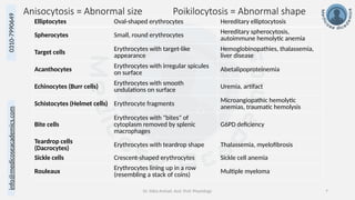 info@medicoseacademics.com
0310-7990649
Dr. Sidra Arshad, Asst. Prof. Physiology 7
Anisocytosis = Abnormal size Poikilocytosis = Abnormal shape
Elliptocytes Oval-shaped erythrocytes Hereditary elliptocytosis
Spherocytes Small, round erythrocytes
Hereditary spherocytosis,
autoimmune hemolytic anemia
Target cells Erythrocytes with target-like
appearance
Hemoglobinopathies, thalassemia,
liver disease
Acanthocytes
Erythrocytes with irregular spicules
on surface
Abetalipoproteinemia
Echinocytes (Burr cells)
Erythrocytes with smooth
undulations on surface Uremia, artifact
Schistocytes (Helmet cells) Erythrocyte fragments
Microangiopathic hemolytic
anemias, traumatic hemolysis
Bite cells
Erythrocytes with "bites" of
cytoplasm removed by splenic
macrophages
G6PD deficiency
Teardrop cells
(Dacrocytes)
Erythrocytes with teardrop shape Thalassemia, myelofibrosis
Sickle cells Crescent-shaped erythrocytes Sickle cell anemia
Rouleaux
Erythrocytes lining up in a row
(resembling a stack of coins)
Multiple myeloma
 