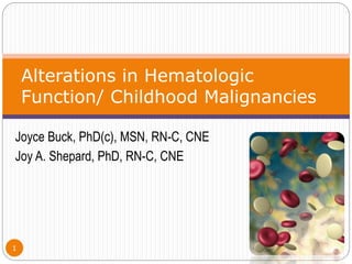Joyce Buck, PhD(c), MSN, RN-C, CNE
Joy A. Shepard, PhD, RN-C, CNE
Alterations in Hematologic
Function/ Childhood Malignancies
1
 