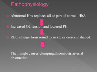  Abnormal Hbs replaces all or part of normal HbA
 Increased O2 tension and lowered PH
 RBC change from round to sickle or crescent shaped.
o Their angle causes clumping,thrombosis,arterial
obstruction
 