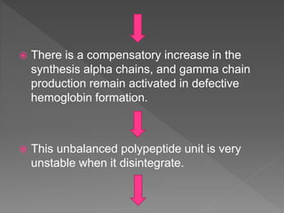  There is a compensatory increase in the
synthesis alpha chains, and gamma chain
production remain activated in defective
hemoglobin formation.
 This unbalanced polypeptide unit is very
unstable when it disintegrate.
 