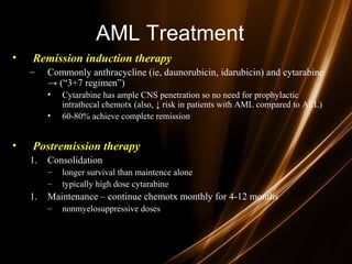 AML Treatment
• Remission induction therapy
– Commonly anthracycline (ie, daunorubicin, idarubicin) and cytarabine
→ (“3+7 regimen”)
• Cytarabine has ample CNS penetration so no need for prophylactic
intrathecal chemotx (also, ↓ risk in patients with AML compared to ALL)
• 60-80% achieve complete remission
• Postremission therapy
1. Consolidation
– longer survival than maintence alone
– typically high dose cytarabine
1. Maintenance – continue chemotx monthly for 4-12 months
– nonmyelosuppressive doses
 