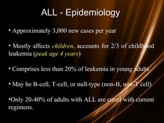 ALL - Epidemiology
• Approximately 3,000 new cases per year
• Mostly affects childrenchildren, accounts for 2/3 of childhood
leukemia (peak age 4 yearspeak age 4 years)
• Comprises less than 20% of leukemia in young adults
• May be B-cell, T-cell, or null-type (non-B, non-T cell)
•Only 20-40% of adults with ALL are cured with current
regimens.
 
