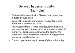 Delayed hypersensitivity…
(Examples)
• Tuberculin hypersensitivity: Classical reaction of skin
induced by tuberculin
Skin erythema and induration develops after several
hours and is maximal at 24‐ 48.
Histologically there is initial perivascular cuffing with
mononuclear cells , then a more extensive exudation of
monocytes and polymorphs within the dermis. The
latter soon move away from the lesion leaving behind
monocytes and lymphocytes
• Contact hypersensitivity: Extracts of plant poisons, Ivy
 