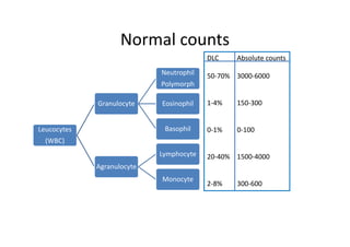 Normal counts
Leucocytes
(WBC)
Granulocyte
Neutrophil
Polymorph
Eosinophil
Basophil
Agranulocyte
Lymphocyte
Monocyte
DLC Absolute counts
50‐70% 3000‐6000
1‐4% 150‐300
0‐1% 0‐100
20‐40% 1500‐4000
2‐8% 300‐600
 