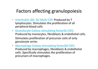 Factors affecting granulopoiesis
• Interleukin‐3(IL‐3)/ Multi‐CSF: Produced by T
lymphocytes. Stimulates the proliferation of all
peripheral blood cells
• Granulocyte‐Colony stimulating factor(G‐CSF):
Produced by monocytes, fibroblasts & endothelial cells.
Stimulates proliferation of precursor cells of only
ganulocyte series
• Macrophage‐Colony stimulating factor(M‐CSF):
Produced by macrophages, fibroblasts & endothelial
cells. Specifically stimulates the proliferation of
precursors of macrophages.
 