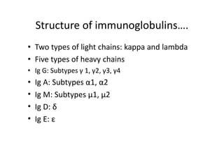 Structure of immunoglobulins….
• Two types of light chains: kappa and lambda
• Five types of heavy chains
• Ig G: Subtypes γ 1, γ2, γ3, γ4
• Ig A: Subtypes α1, α2
• Ig M: Subtypes µ1, µ2
• Ig D: δ
• Ig E: ε
 