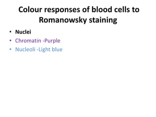 Colour responses of blood cells to
Romanowsky staining
• Nuclei
• Chromatin -Purple
• Nucleoli -Light blue
 