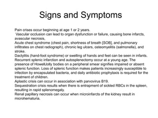 Signs and Symptoms
 Pain crises occur beginning at age 1 or 2 years.
 Vascular occlusion can lead to organ dysfunction or failure, causing bone infarcts,
avascular necrosis,
 Acute chest syndrome (chest pain, shortness of breath [SOB], and pulmonary
infiltrates on chest radiograph), chronic leg ulcers, osteomyelitis (salmonella), and
stroke.
 Dactylitis (hand-foot syndrome) or swelling of hands and feet can be seen in infants.
 Recurrent splenic infarction and autosplenectomy occur at a young age. The
presence of HowellJolly bodies on a peripheral smear signifies impaired or absent
splenic function. Loss of splenic function makes patients increasingly susceptible to
infection by encapsulated bacteria, and daily antibiotic prophylaxis is required for the
treatment of children.
 Aplastic crisis can occur in association with parvovirus B19.
 Sequestration crisis results when there is entrapment of sickled RBCs in the spleen,
resulting in rapid splenomegaly.
 Renal papillary necrosis can occur when microinfarcts of the kidney result in
microhematuria.
 