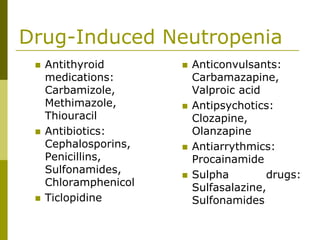 Drug-Induced Neutropenia
Antithyroid
medications:
Carbamizole,
Methimazole,
Thiouracil
Antibiotics:
Cephalosporins,
Penicillins,
Sulfonamides,
Chloramphenicol
Ticlopidine
Anticonvulsants:
Carbamazapine,
Valproic acid
Antipsychotics:
Clozapine,
Olanzapine
Antiarrythmics:
Procainamide
Sulpha drugs:
Sulfasalazine,
Sulfonamides
 