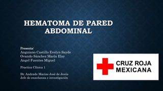 HEMATOMA DE PARED
ABDOMINAL
Presenta:
Anguiano Castillo Evelyn Sayde
Ovando Sánchez María Elsy
Angel Fuentes Miguel
Dr. Andrade Macías José de Jesús
Jefe de enseñanza e investigación
Practica Clínica 1
 