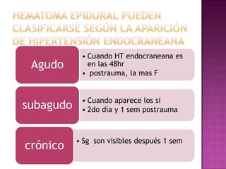 • Cuando HT endocraneana es
 Agudo        en las 48hr
            • postrauma, la mas F


            • Cuando aparece los...