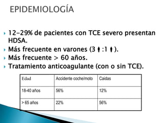    12-29% de pacientes con TCE severo presentan
    HDSA.
   Más frecuente en varones (3:1).
   Más frecuente > 60 años.
   Tratamiento anticoagulante (con o sin TCE).
        Edad         Accidente coche/moto   Caidas

        18-40 años   56%                    12%

        > 65 años    22%                    56%
 