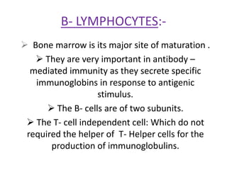 B- LYMPHOCYTES:-
 Bone marrow is its major site of maturation .
 They are very important in antibody –
mediated immunity as they secrete specific
immunoglobins in response to antigenic
stimulus.
 The B- cells are of two subunits.
 The T- cell independent cell: Which do not
required the helper of T- Helper cells for the
production of immunoglobulins.
 