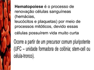 Hematopoiese é o processo de
renovação células sanguíneas
(hemácias,
leucócitos e plaquetas) por meio de
processos mitóticos, devido essas
células possuírem vida muito curta