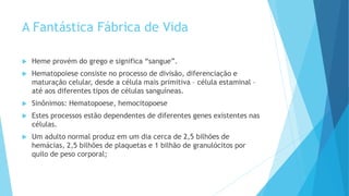 A Fantástica Fábrica de Vida
 Heme provém do grego e significa “sangue”.
 Hematopoiese consiste no processo de divisão, diferenciação e
maturação celular, desde a célula mais primitiva – célula estaminal –
até aos diferentes tipos de células sanguíneas.
 Sinônimos: Hematopoese, hemocitopoese
 Estes processos estão dependentes de diferentes genes existentes nas
células.
 Um adulto normal produz em um dia cerca de 2,5 bilhões de
hemácias, 2,5 bilhões de plaquetas e 1 bilhão de granulócitos por
quilo de peso corporal;
 