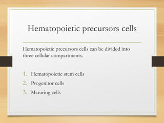 Hematopoietic precursors cells
Hematopoietic precursors cells can be divided into
three cellular compartments.
1. Hematopoietic stem cells
2. Progenitor cells
3. Maturing cells
 