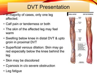 DVT Presentation
• In majority of cases, only one leg
affected.
• Calf pain or tenderness or both
• The skin of the affected leg may feel
warm
• Swelling below knee in distal DVT & upto
groin in proximal DVT
• Superficial venous dilation: Skin may go
red especially below the knee behind the
leg
• Skin may be discolored
• Cyanosis in c/o severe obstruction
• Leg fatigue
 