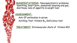 MANIFESTATIONS: Neuropsychiatric problems,
Vomitting, heart burn, abdominal bloating and gas,
diarrhoea, loss of appetite & weight loss
ASSESSMENT:
Anti-IF antibodies in serum
Schilling Test: Vitamin B12 Deficiency test
TREATMENT: Intramuscular shots of Vitamin B12
 