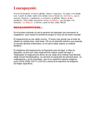 Leucopoyesis:
Proceso de formación de nuevos glóbulos blancos o leucocitos. Se realiza en la médula
ósea. A partir de células madre de la médula ósea se forman los mieloblastos, que en
sucesivas divisiones y maduración se convierten en glóbulos blancos de tipo
granulocito. Otras células precursoras son los monoblastos, que dan lugar a los
monocitos. Los linfocitos se derivan a partir de unas células linfoide
MEGACARIOPOYESIS_:
Es el proceso mediante el cual se generan las plaquetas que promueven la
coagulación para impedir la perdida de sangra en caso de una lesión vascular
El megacariocito es una célula enorme, 10 veces más grande que el resto de
células de médula ósea, mide hasta 150 μm de diámetro debido a que presenta
un proceso llamado endomitosis, en el cual la célula duplica su material
Genético
El citoplasma del megacariocito se fragmenta para dar lugar a miles de
plaquetas; se dice que cada megacariocito maduro puede dar lugar a
10plaquetas El megacariocito deriva de una célula de la médula ósea llamada
célula troncal hematopoyética, la cual tiene la capacidad de autorrenovarse, es
multipotencial y se ha encontrado que en su superficie expresa antígenos
como CD34, CD90, CD117 y CD133 y carece de la expresión de antígenos
De linajes específicos.
 
