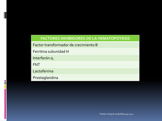 FACTORES INHIBIDORES DE LA HEMATOPOYESIS
Factor transformador de crecimiento B
Ferritina subunidad H
Interferón α,
FNT
Lactoferrina
Prostaglandina
Pediatr Integral 2008;XII(5):437-442.
 