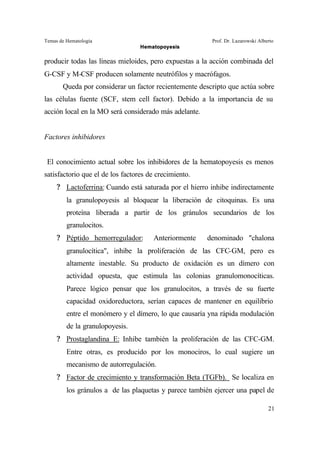 Temas de Hematología Prof. Dr. Lazarowski Alberto
Hematopoyesis
21
producir todas las líneas mieloides, pero expuestas a la acción combinada del
G-CSF y M-CSF producen solamente neutrófilos y macrófagos.
Queda por considerar un factor recientemente descripto que actúa sobre
las células fuente (SCF, stem cell factor). Debido a la importancia de su
acción local en la MO será considerado más adelante.
Factores inhibidores
El conocimiento actual sobre los inhibidores de la hematopoyesis es menos
satisfactorio que el de los factores de crecimiento.
? Lactoferrina: Cuando está saturada por el hierro inhibe indirectamente
la granulopoyesis al bloquear la liberación de citoquinas. Es una
proteína liberada a partir de los gránulos secundarios de los
granulocitos.
? Péptido hemorregulador: Anteriormente denominado "chalona
granulocítica", inhibe la proliferación de las CFC-GM, pero es
altamente inestable. Su producto de oxidación es un dímero con
actividad opuesta, que estimula las colonias granulomonocíticas.
Parece lógico pensar que los granulocitos, a través de su fuerte
capacidad oxidoreductora, serían capaces de mantener en equilibrio
entre el monómero y el dímero, lo que causaría yna rápida modulación
de la granulopoyesis.
? Prostaglandina E: Inhibe también la proliferación de las CFC-GM.
Entre otras, es producido por los monociros, lo cual sugiere un
mecanismo de autorregulación.
? Factor de crecimiento y transformación Beta (TGFb). Se localiza en
los gránulos a de las plaquetas y parece también ejercer una papel de
 