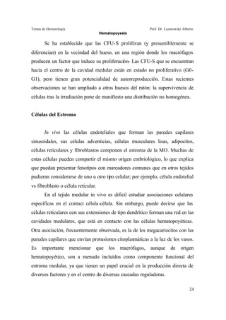 Temas de Hematología Prof. Dr. Lazarowski Alberto
Hematopoyesis
24
Se ha establecido que las CFU-S proliferan (y presumiblemente se
diferencian) en la vecindad del hueso, en una región donde los macrófagos
producen un factor que induce su proliferación- Las CFU-S que se encuentran
hacia el centro de la cavidad medular están en estado no proliferativo (G0-
G1), pero tienen gran potencialidad de autorreproducción. Estas recientes
observaciones se han ampliado a otros huesos del ratón: la supervivencia de
células tras la irradiación pone de manifiesto una distribución no homogénea.
Células del Estroma
In vivo las células endoteliales que forman las paredes capilares
sinusoidales, sus células adventicias, células musculares lisas, adipocitos,
células reticulares y fibroblastos componen el estroma de la MO. Muchas de
estas células pueden compartir el mismo origen embriológico, lo que explica
que puedan presentar fenotipos con marcadores comunes que en otros tejidos
pudieran considerarse de uno u otro tipo celular; por ejemplo, célula endotelial
vs fibroblasto o célula reticular.
En el tejido medular in vivo es difícil estudiar asociaciones celulares
específicas en el contact célula-célula. Sin embargo, puede decirse que las
células reticulares con sus extensiones de tipo dendrítico forman una red en las
cavidades medulares, que está en contacto con las células hematopoyéticas.
Otra asociación, frecuentemente observada, es la de los megacariocitos con las
paredes capilares que envían protusiones citoplasmáticas a la luz de los vasos.
Es importante mencionar que los macrófagos, aunque de origen
hematopoyético, son a menudo incluídos como componente funcional del
estroma medular, ya que tienen un papel crucial en la producción directa de
diversos factores y en el centro de diversas cascadas reguladoras.
 