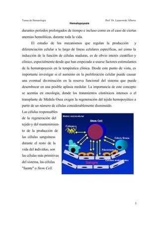 Temas de Hematología Prof. Dr. Lazarowski Alberto
Hematopoyesis
3
durantes períodos prolongados de tiempo e incluso como en el caso de ciertas
anemias hemolíticas, durante toda la vida.
El estudio de los mecanismos que regulan la producción y
diferenciación celular a lo largo de líneas celulares específicas, así como la
inducción de la función de células maduras, es de obvio interés científico y
clínico, especialmente desde que han empezado a usarse factores estimulantes
de la hematopoyesis en la terapéutica clínica. Desde este punto de vista, es
importante investigar si el aumento en la proliferación celular puede causar
una eventual disminución en la reserva funcional del sistema que puede
desembocar en una posible aplasia medular. La importancia de este concepto
se acentúa en oncología, donde los tratamientos citotóxicos intensos o el
transplante de Médula Osea exigen la regeneración del tejido hemopoyético a
partir de un número de células considerablemente disminuído.
Las células responsables
de la regeneración del
tejido y del mantenimien-
to de la producción de
las células sanguíneas
durante el resto de la
vida del individuo, son
las células más primitivas
del sistema, las células
"fuente" o Stem Cell.
 
