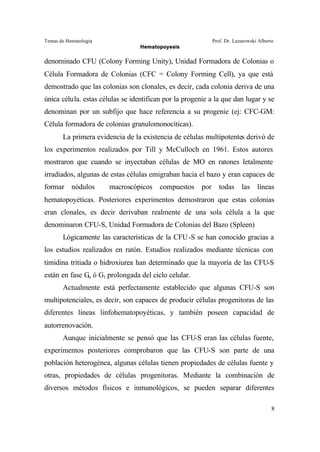 Temas de Hematología Prof. Dr. Lazarowski Alberto
Hematopoyesis
8
denominado CFU (Colony Forming Unity), Unidad Formadora de Colonias o
Célula Formadora de Colonias (CFC = Colony Forming Cell), ya que está
demostrado que las colonias son clonales, es decir, cada colonia deriva de una
única célula. estas células se identifican por la progenie a la que dan lugar y se
denominan por un subfijo que hace referencia a su progenie (ej: CFC-GM:
Célula formadora de colonias granulomonocíticas).
La primera evidencia de la existencia de células multipotentes derivó de
los experimentos realizados por Till y McCulloch en 1961. Estos autores
mostraron que cuando se inyectaban células de MO en ratones letalmente
irradiados, algunas de estas células emigraban hacia el bazo y eran capaces de
formar nódulos macroscópicos compuestos por todas las líneas
hematopoyéticas. Posteriores experimentos demostraron que estas colonias
eran clonales, es decir derivaban realmente de una sola célula a la que
denominaron CFU-S, Unidad Formadora de Colonias del Bazo (Spleen)
Lógicamente las características de la CFU-S se han conocido gracias a
los estudios realizados en ratón. Estudios realizados mediante técnicas con
timidina tritiada o hidroxiurea han determinado que la mayoría de las CFU-S
están en fase Go ó G1 prolongada del ciclo celular.
Actualmente está perfectamente establecido que algunas CFU-S son
multipotenciales, es decir, son capaces de producir células progenitoras de las
diferentes líneas linfohematopoyéticas, y también poseen capacidad de
autorrenovación.
Aunque inicialmente se pensó que las CFU-S eran las células fuente,
experimentos posteriores comprobaron que las CFU-S son parte de una
población heterogénea, algunas células tienen propiedades de células fuente y
otras, propiedades de células progenitoras. Mediante la combinación de
diversos métodos físicos e inmunológicos, se pueden separar diferentes
 